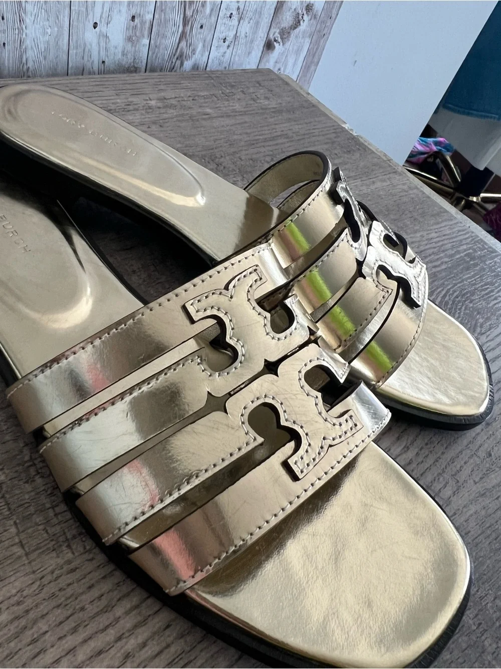 Tory Burch Ines Metallic Gold Triple-Strap Slide Sandals Size 7